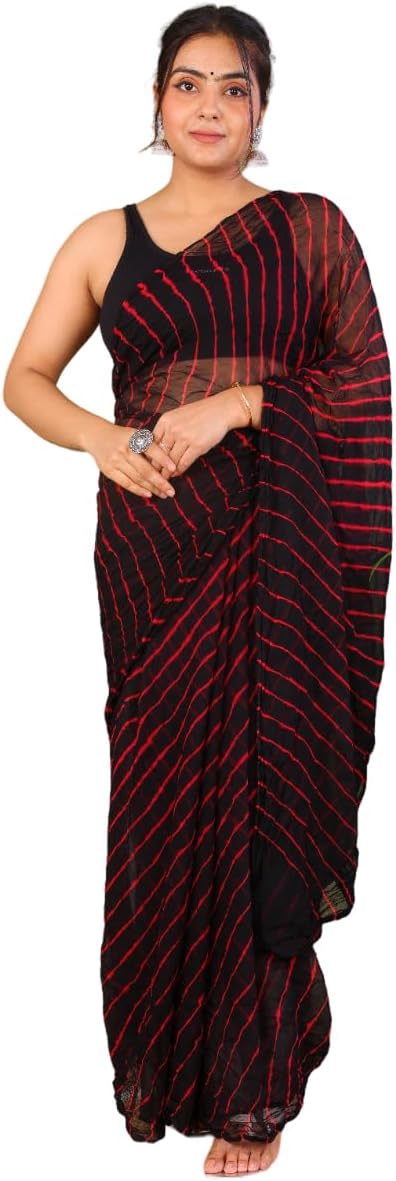 PK HUB Women's Rajasthani Jaipuri Leheriya Chiffon Saree with Blouse Piece – Multicolor Traditional Ethnic Tie-Dye Saree for Festivals, Weddings, Parties