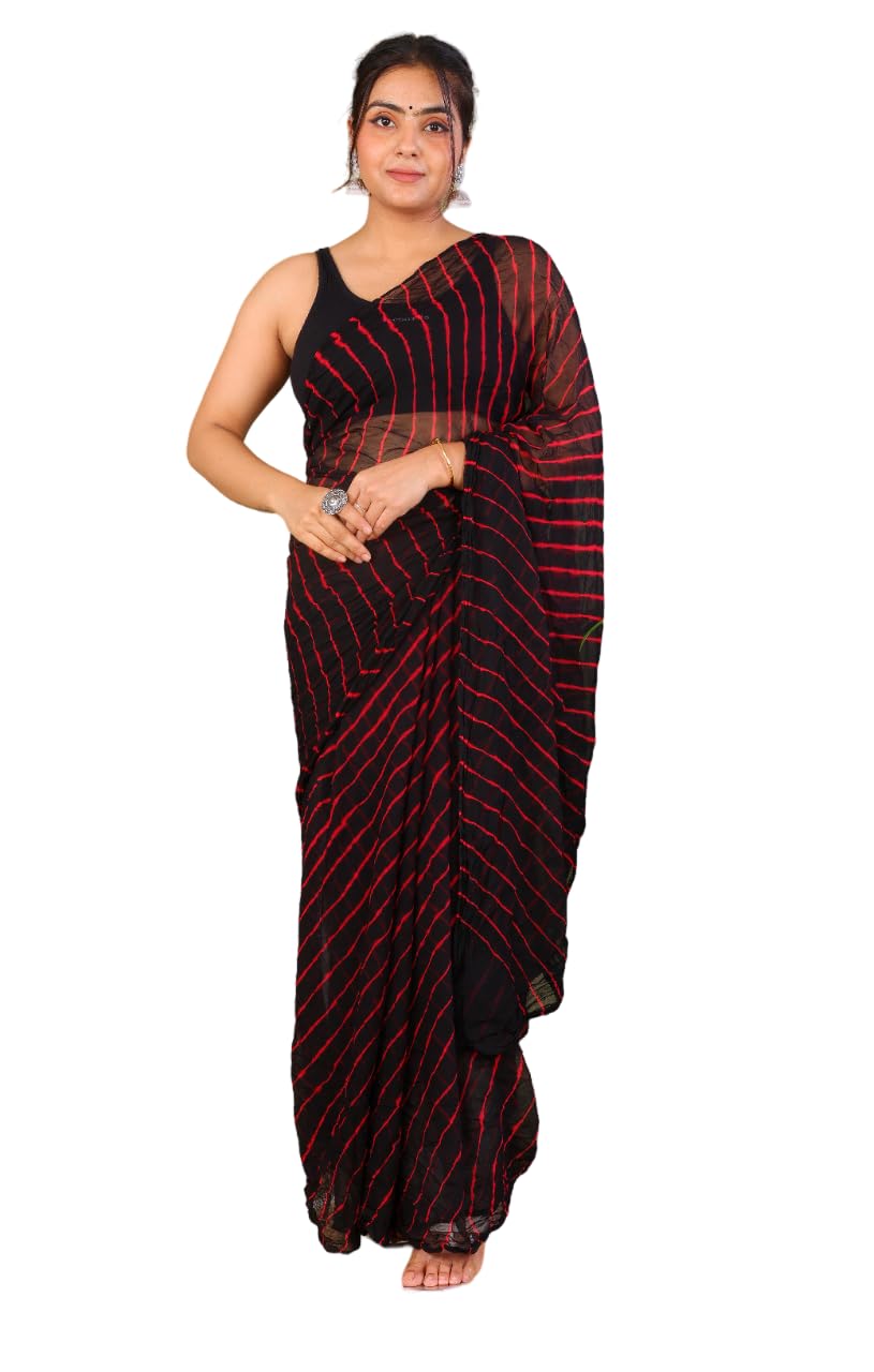 PK HUB Women's Rajasthani Jaipuri Leheriya Chiffon Saree with Blouse Piece – Multicolor Traditional Ethnic Tie-Dye Saree for Festivals, Weddings, Parties