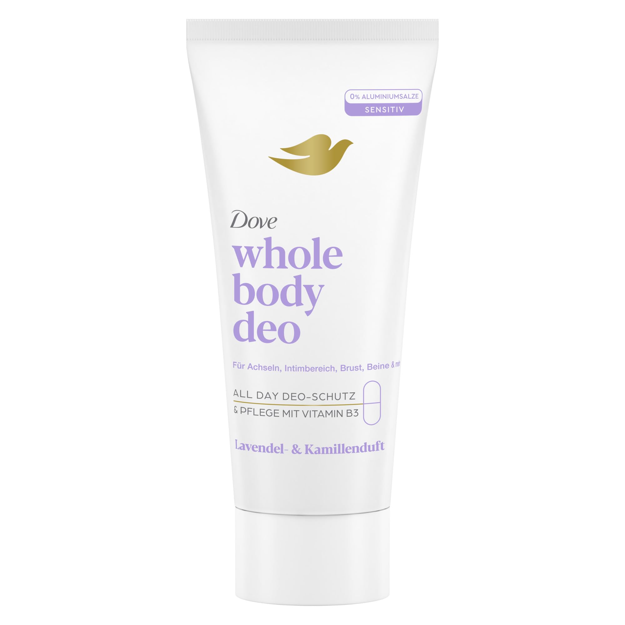 Dove Whole Body Deo Creme Lavendel- & Kamillenduft Deodorant mit 0% Aluminiumsalzen für Achseln, Brust, Beine und mehr 75 ml