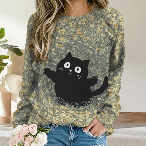 HOTYD Cute Cat Sweatshirts for Women Long Sleeve Crewneck Sweatshirt Pullover Cat Graphic Shirts Casual Fall Sweatshirts - Image 3