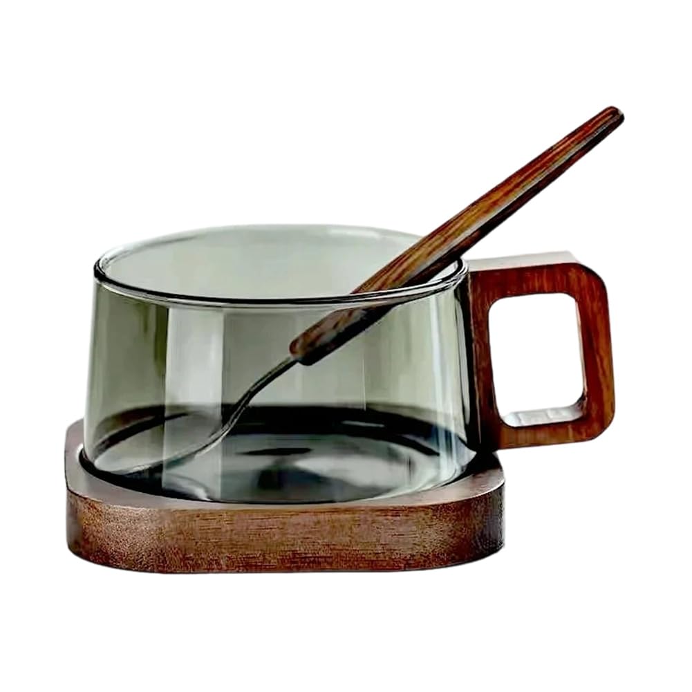 Hndhbfgrt Heat- Coffee Mug 200ml American Latte Glass with Wooden Tray Spoon Milk Tea Cup Ground Coffee Cup