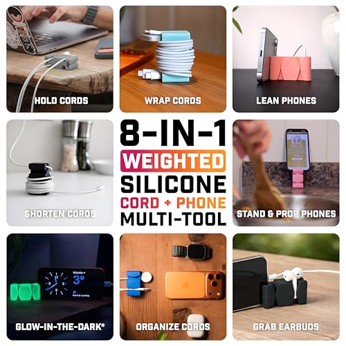 Image of CordBrick Silicone & Steel Weighted Cord Holder for Nightstand. Travel Phone Charger Organizer. Useful iPhone Accessory. Small Gift for Guys, College Students. Tech Gadget for Teens, Men. Black