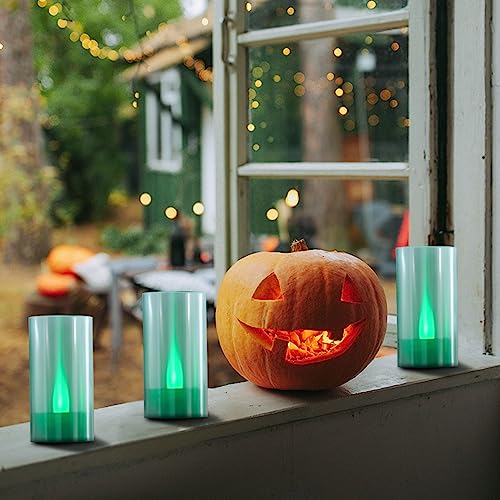 Image of Lanker Flameless Candles, Battery Operated LED Pillar D1.5 x H3 inch, Flickering Green Long Flame-Effect Light, Romantic Electronic Fake Votive Candles for Halloween, Set of 12 (Green)