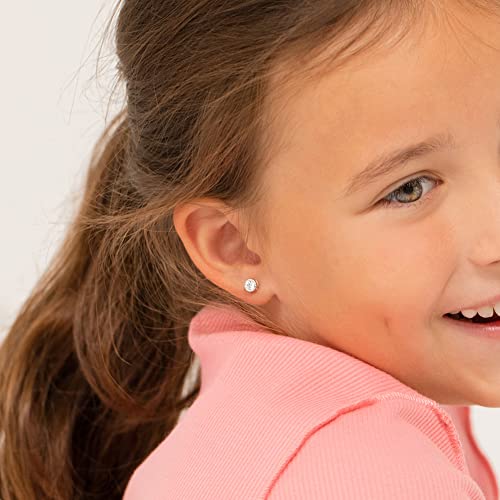 925 Sterling Silver Beautiful 5mm Round Bezel-Set Cubic Zirconia Stud Earrings with Locking Screw Backs - Excellent for Baby Girls and Toddlers for All Occasions3