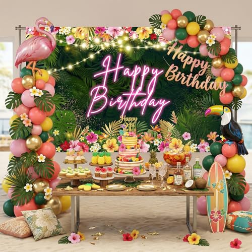 Image of Avezano Hawaiian Tropical Birthday Backdrop Tropical Palm Leaves Birthday Party Background Luau Happy Birthday Party Decorations Aloha Birthday Banner Party Banner (70.8 x 43.3 inches)