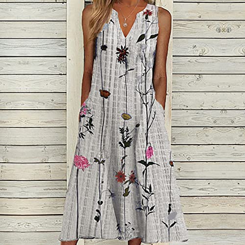 Vestidos de verão femininos casuais com estampa de folhas, botões, gola V, sem mangas, bolso, vestid