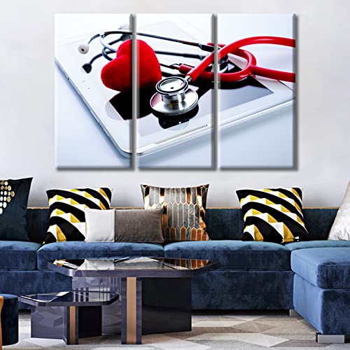 Image of TUMOVO 3 Panel Red Heart Stethoscope Poster Canvas Wall Art Tablet PC Health Medical Technology Concepts Posters and Prints Bathroom Decor Wall Art Print on Canvas Framed Ready to Hang, 60 inch Wx40 H