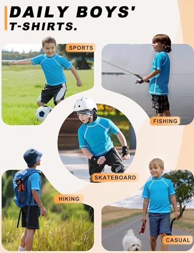 Image of Boys Rash Guard Short Sleeve UPF50+ Sun Protection Water Beach Swim Shirt | Kids Youth Surfing Pool Neon Swimwear Top Quick Dry Tagless Ultra Soft Stretchy Lightweight Moisture Wicking Cool Feel Tee