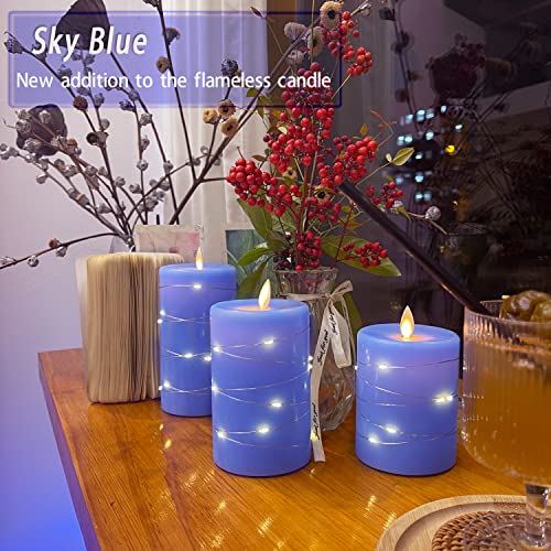 Fanzir Blue Flameless Candles Battery Candle with String Lights Battery Powered LED Pillar