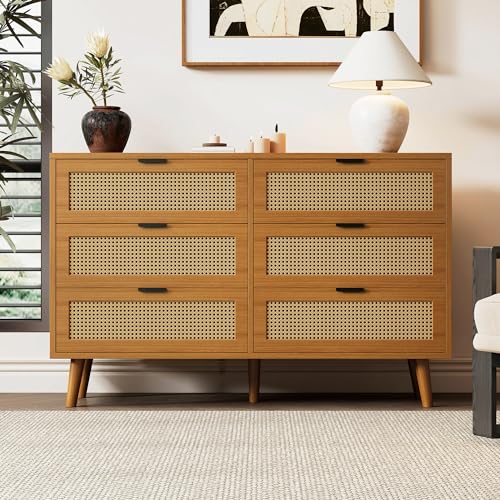 Merax Rattan Sideboard Kommode mit 6 Schubladen, Sideboard Holz Küchenschrank Buffet mit Metallgriffe, für Küche, Esszimmer, Wohnzimmer, Flur, Walnuss/120x40x76.5cm