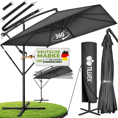 tillvex® Alu Sonnenschirm Rechteckig Ø 330 cm + Abdeckung mit Kurbel | Ampelschirm Aluminium Eckig mit Ständer & Windschutz | Gartenschirm UV-Schutz, wasserdicht, 360° drehbar