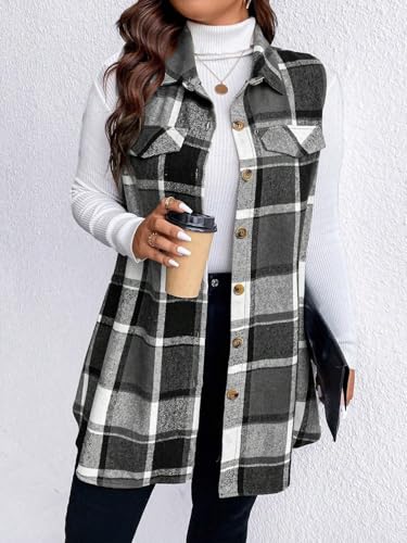 Vest for Women 2025 Sleeveless Plaid Flannel Vest Button Front Lapel Neck Jacket Fall Winter Waistcoat with Pockets2