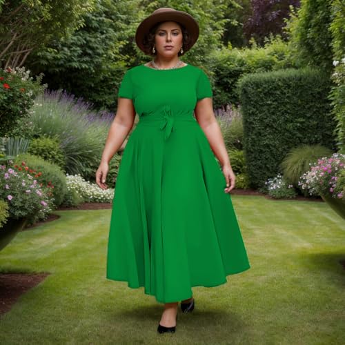Image of Hostoyo Women Plus Size Formal A Line Maxi Dress Self Tie Waist with Pockets Elegant Round Neck Swing Long Dresses