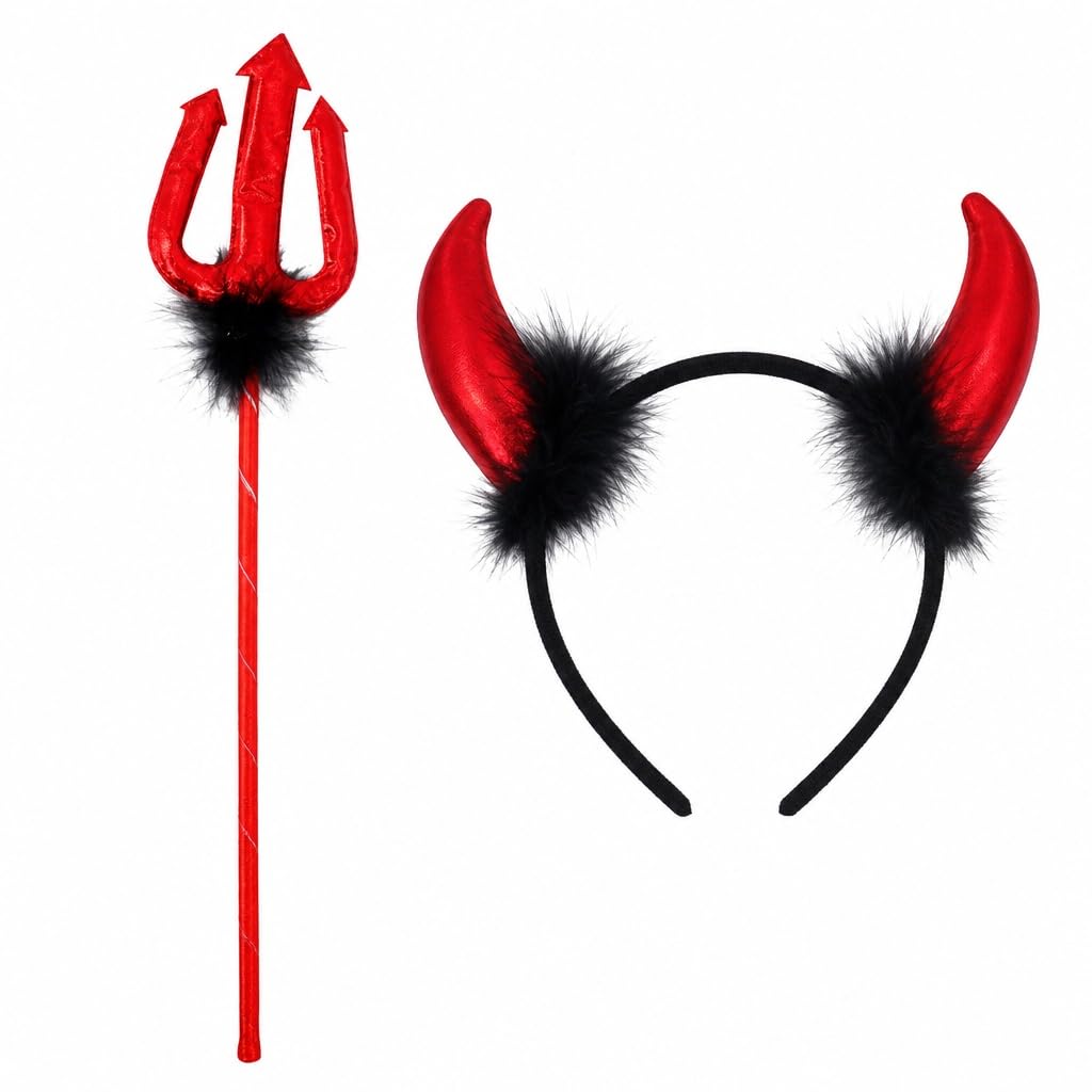 Gubilacrum 2 Pcs Red Devil Horns Headband And Pitchfork For Adult Costume