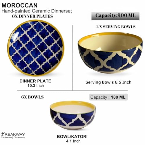 Image of Freakway 14 Piece Ceramic Dinner Set - 6 Dinner Plates, 6 Bowls & 2 Large Serving Bowls | Handcrafted Blue & White Moroccan Pattern Dinnerware Set for Dining & Serving