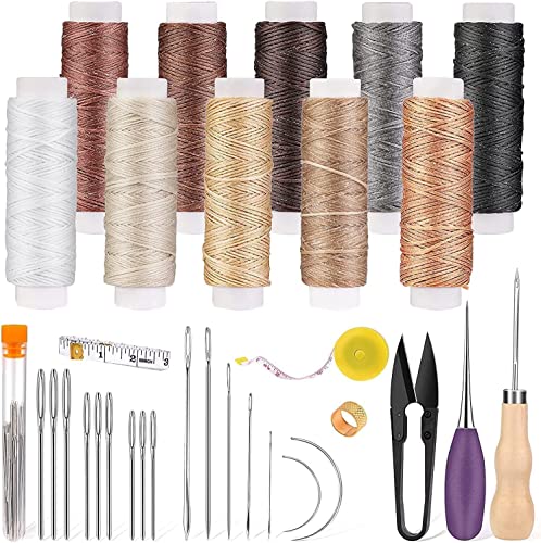 KA MAI KA Lot de 32 outils de couture pour cuir - 10 couleurs - Fil ciré - Aiguilles à coudre à la main - Ciseaux, alêne et autres accessoires pour la couture manuelle du cuir Cover