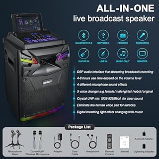 DSP Enceinte Karaoké 10" avec 2 Microphones sans Fil pour Adulte, 600W Professionnel Enceinte Sono Bluetooth Portable avec DJ Lumière, Supporte USB-C/FM Radio GTSK10-1