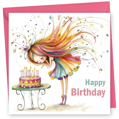 Birthday Card. Rainbow Girl with Holographic/Rainbow Foil Design. 150x150mm supplied with Envelope. Eco-friendly. Message inside. Made in Britain.