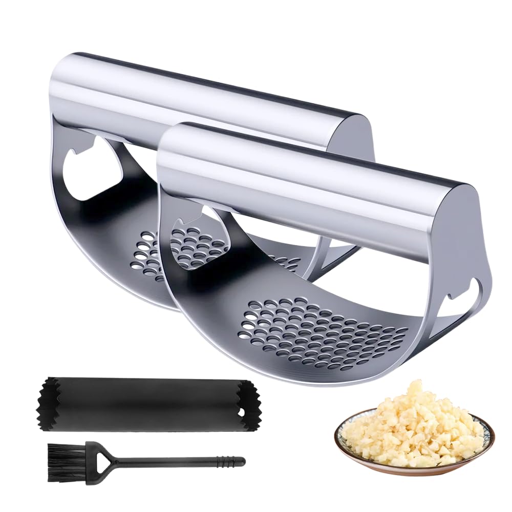 Stainless Steel Garlic Press, 2025 Upgrade Heavy Duty Garlic Mincer Crusher Tool with Peeler Cleaning Brush for Home Kitchen Cooking (2)