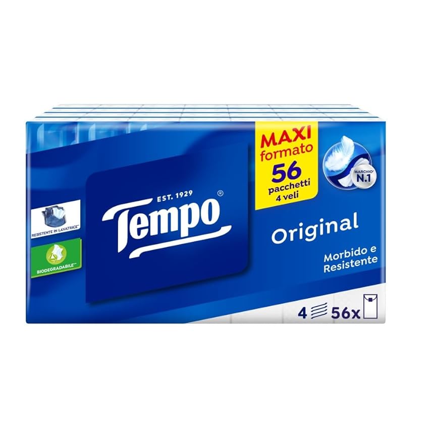 Tempo Pacchetti di Fazzoletti di Carta Tascabili Classic, 56 Pacchetti da 9 Fazzolettini Monouso, 4 Veli, Resistente in Lavatrice