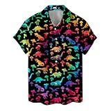Rainbow Mushroom Dinosaur Hawaiian Shirt for Men T Rex Tie Dye Mens Hawaiian Shirts Short Sleeve Button Down Shirt Men