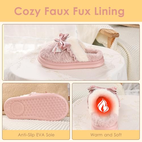 Cute Bow House Slippers for Women, Plush Comfy Faux Fur Slip-on Shoes Indoor Outdoor, Winter Warm Bedroom Slippers with Non-Slip Sole3