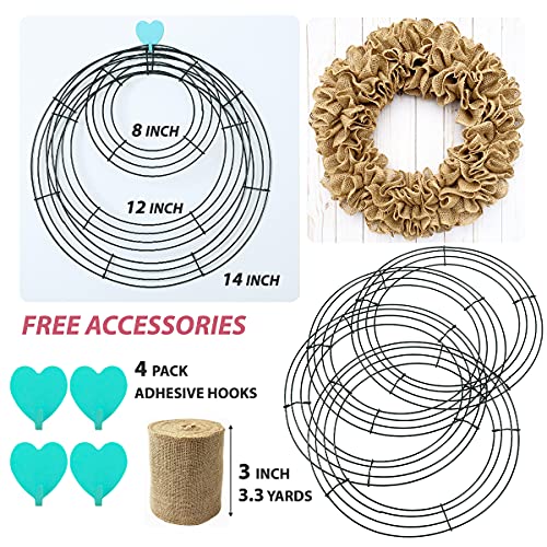 4 Pack Wire Wreath Frame 8 Inch Metal Wreath Form Wreath Ring for Crafts with 4 Adhesive Hooks and 3.3 Yard Burlap, Front Door Christmas New Year Valentines Wedding Decoration - Thumbnail 6