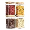 ComSaf Airtight Glass Storage Canister with Wood Lid (37oz), Clear Food Storage Container Jar with Sealing Bamboo Lid for Noodles Flour Cereal Rice Sugar Tea Coffee Beans, Square Set of 4