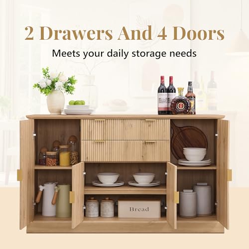 IFGET 58\" Fluted Sideboard Cabinet with Storage,Buffet Cabinet with Adjustshlves, Wood Rustic Coffee Bar with 2 Drawer and 4 Doors, Wine Bar for Kitchen, and Living Room, Natural
