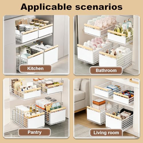 Pull Out Cabinet Organiser, 2PCS pull out kitchen storage Foldable, 23.5 * 11 * 39.5~56.5cm, Kitchen Cupboard Organiser with Handle, Adjustable Drawers, Slide Out Drawers for Kitchen Cabinets, White - Image 6