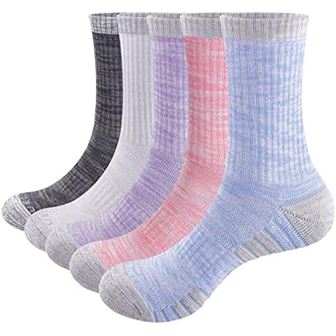 YUEDGE 5 Pairs Women's Cotton Cushion Crew Sports Socks Anti Blister Wicking Warm Walking Socks Grey Multipack (WL, Blue/darkgrey/grey/purple/rose) Cover