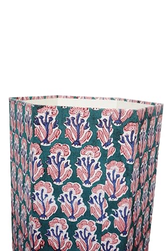 Image of 3.3 Gallon Cotton Hand Block Printed Paper Waste Basket |Small Decorative Trash Can for Housewarming Gifts in Living Room, Bedroom, Bathroom | Eco-Friendly, Plastic-Free (1, Green Blue RED Tree)