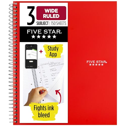 Five Star Spiral Notebook + Study App, 3 Subject, Wide Ruled Paper, 10-1/2' x 8', 150 Sheets, Red (72029)