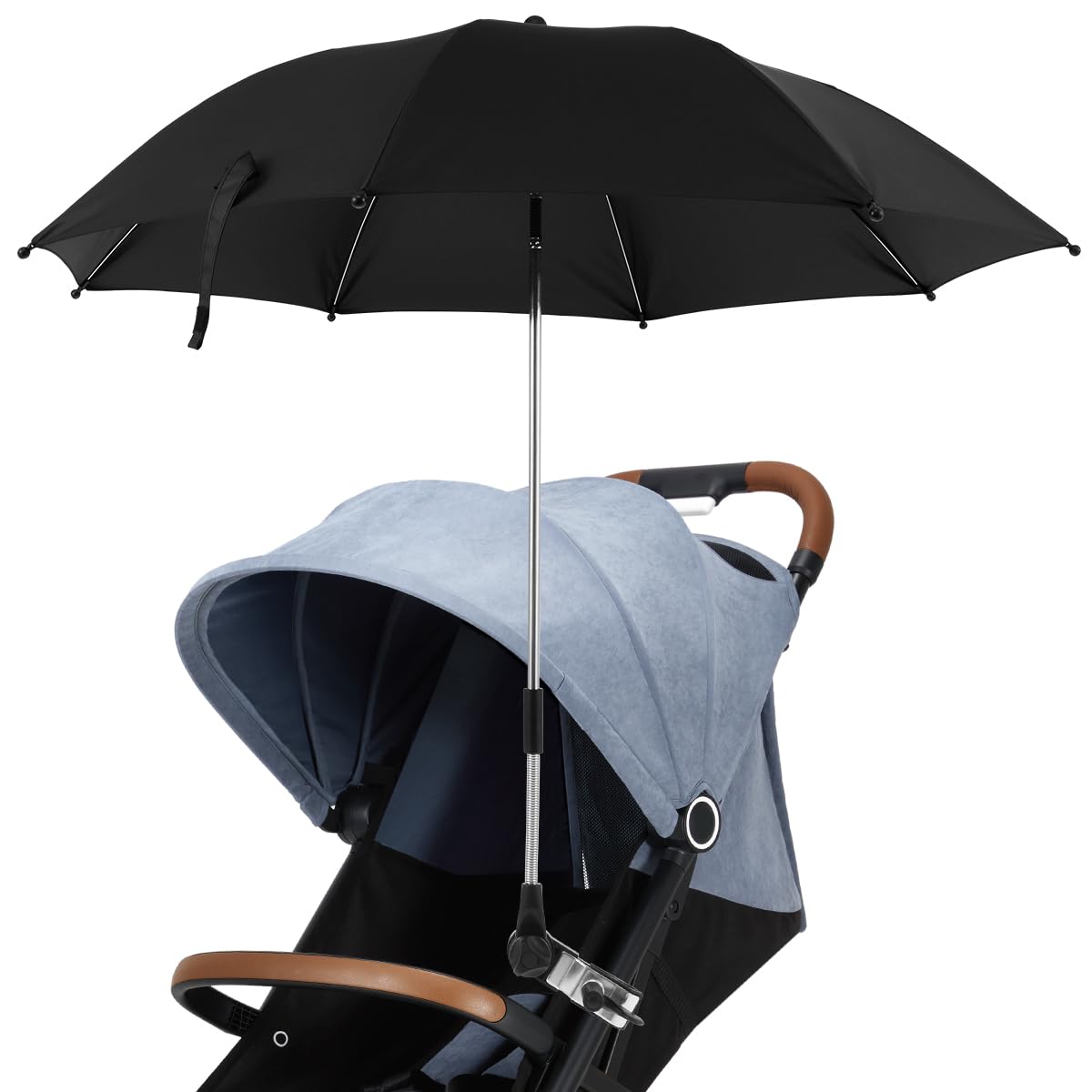 Stroller Umbrella 360° UV Protection Pram Parasol with Adjustable Clamp, 75cm Waterproof Universal Baby Pram Umbrella for Strollers, Wheelchairs, Beach Chairs, Bicycles (Black, 75cm)