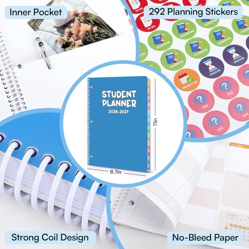 Phyxin Student Planner 2026-2027, Blue Monthly Planner for Academic Year 2026-2027, July 2026- June 2027, Weekly and Monthly School Planner with Tabs, Stickers and 3-Hole Punched, A4 (8.7" x 11") Large Daily Planner for Office School Supplies - Image 6