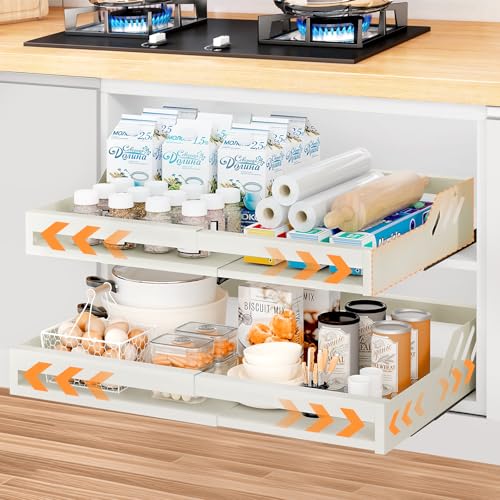 Tiroir Télescopique, Amélioration Tiroir Coulissant Cuisine avec Protection Anti-basculement, 32-54cm Tiroirs Coulissants à Largeur Réglable, Organiseur de Placard Extensible avec Système de Rail