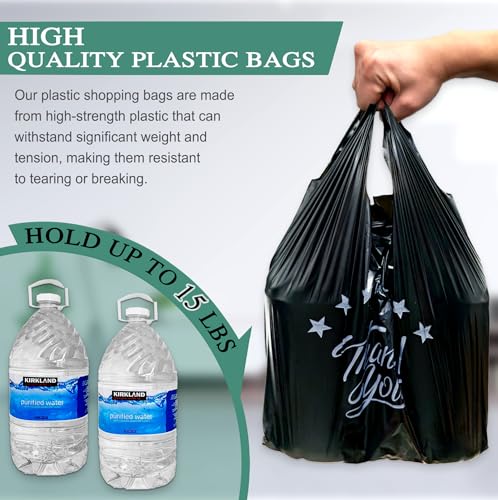 Image of YoYoRain 1000 Count Black inchThank You inch T-Shirt Bags - Reusable & Disposable Grocery & Supermarket Carry Bags, 11 inchx6 inchx21 inch