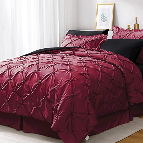 JOLLYVOGUE Burgundy Twin Size Comforter Sets 5 Pieces, Pintuck Bed in a Bag Comforter Set for Bedroom, Bedding Comforter Sets with Comforter, Sheets,Ruffled Shams & Pillowcases