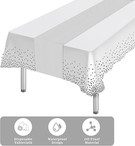 Miniatura 4 de Paquete de 12 manteles desechables blancos rectangulares y camino de mesa de satén, manteles blancos para fiestas y camino de mesa plateado para