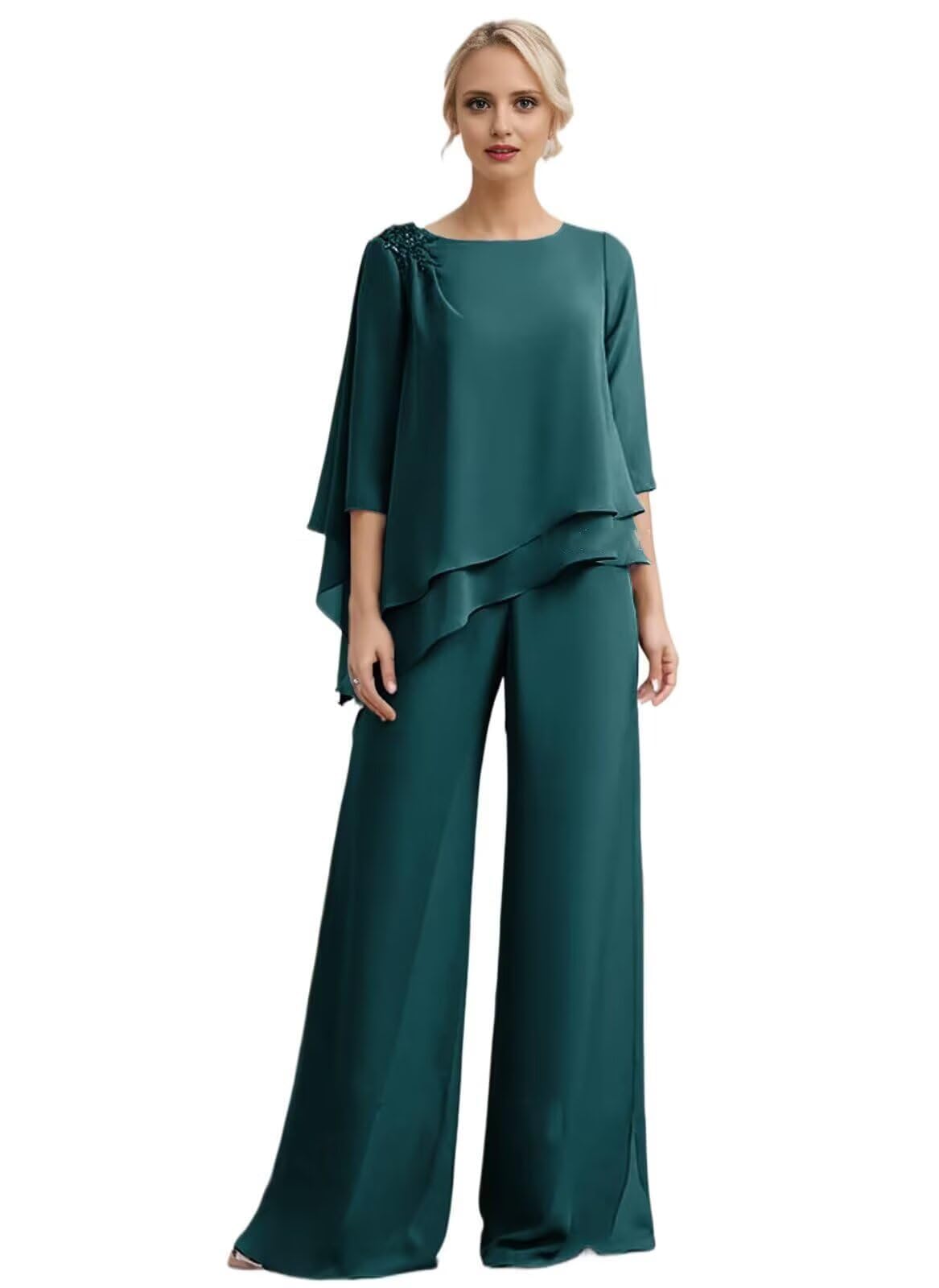 2 Pieces Mother of The Bride Pant Suits - Lace Applique Chiffon 3 4 Sleeve Ruffle Wedding Formal