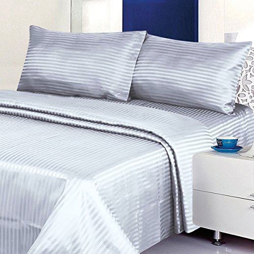 CrystalTowels Microfiber Bed Sheets Set - 4-Piece Soft Sheet Set, Stripe Pattern w/Sateen Finish, Queen Size Sheets Deep Pocket Set - Silver