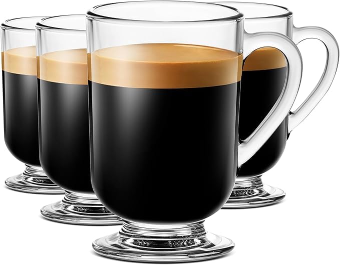 Image of PrimeWorld Glass Coffee Mugs Set of 4 - 310ml Latte Cups | Clear Glass Mugs with Handles for Coffee, Tea, Cappuccino, Latte, Milk, Juice & Hot Chocolate