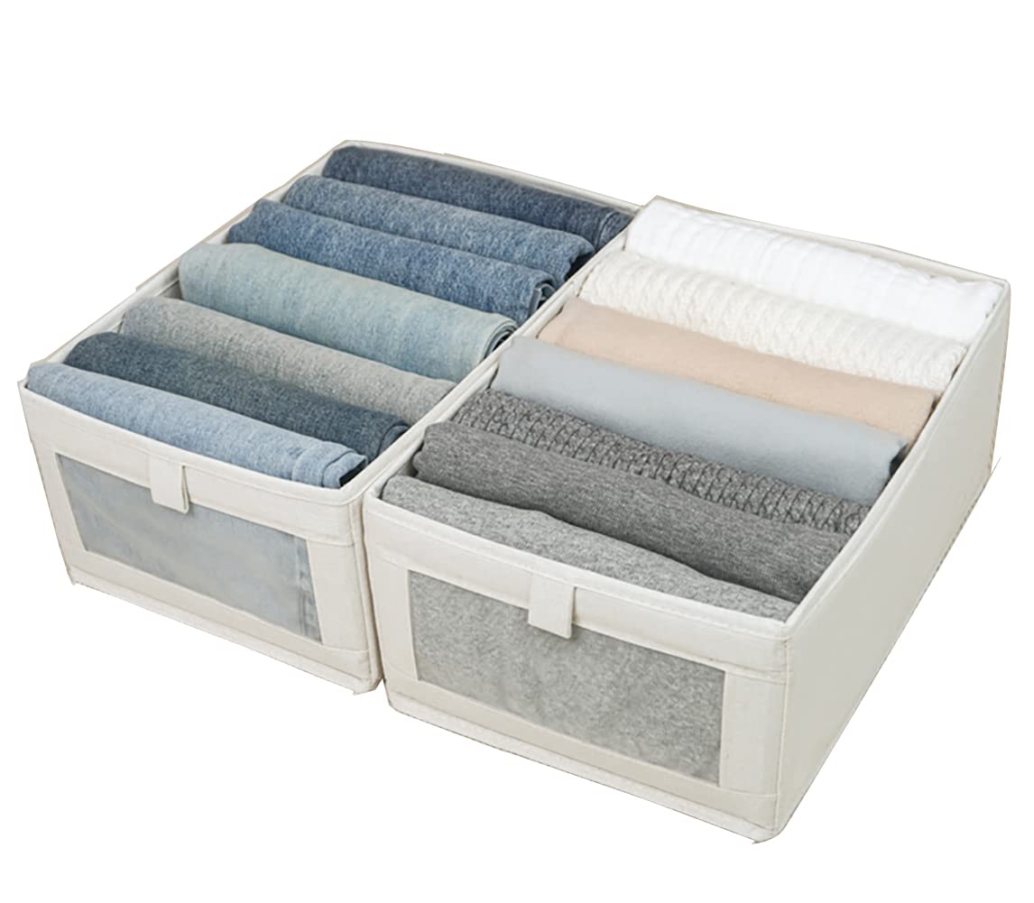 YmlikeYmlike Clothes Storage Organizer, Stackable Cotton Drawer Closet Box with Transparent Mesh Window and Handle, Store bag for Clothing, Jeans, Bras, Leggings, Sweaters, (2 Pack, Beige) (Model 1 small)
