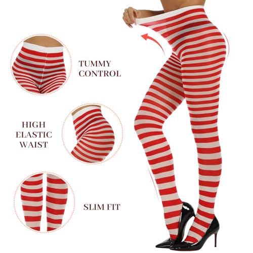Image of MANZI Striped Tights for Women Footed Stretchy Opaque Pantyhose for Halloween Xmas 2 Pairs