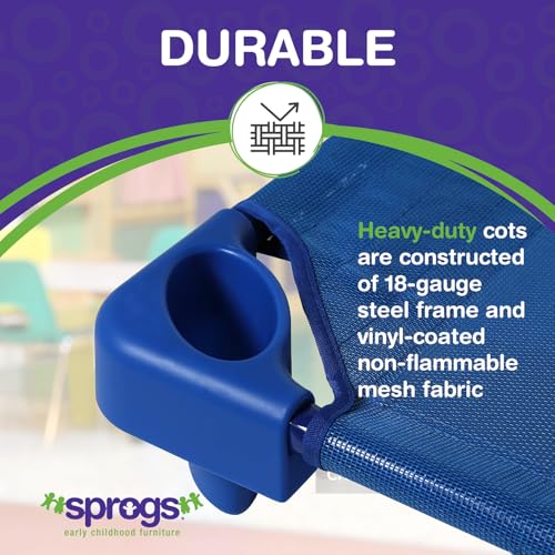 Image of Sprogs Heavy-Duty Stackable 40 inchL Daycare Cots for Toddlers Ages 1 to 2, Stacking Preschool Classroom Toddler Cots for Sleeping, Resting, Naptime, Pack of 6, Blue