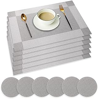 wiipara Placemats Set of 6, PVC Place Mats and Coasters Washable Non-Slip Heat Resistant Table Mats for Kitchen Dining Table Home Restaurant (6 Placemat + 6 Coaster, Silver Grey)