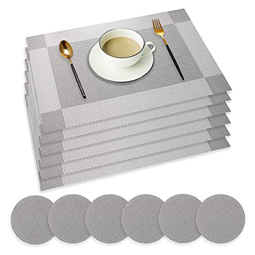 wiipara Placemats Set of 6, PVC Place Mats and Coasters Washable Non-Slip Heat Resistant Table Mats for Kitchen Dining Table Home Restaurant (6 Placemat + 6 Coaster, Silver Grey)