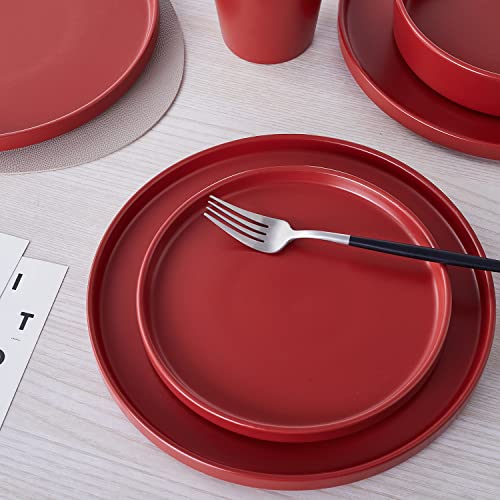 Image of Stone Lain Cleo Stoneware 32-Piece Modern Dinnerware Set, Plates and Bowls, Red, Service for 8, Microwave & Dishwasher Safe