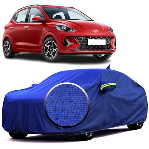 Image of 100% Waterproof 'BlueMax' Car Body Cover for Hyundai Grand i10 Nios with Mirror Pocket, Heat & UV Protection, Triple Stitched, Soft Lining, Full Bottom Elastic & Reflective Radium (Blue)
