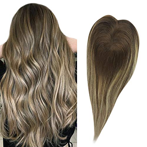 Full Shine Toppers Human Hair 12 Inch Hair Piece Size 13x13 CM Breathable Crown Human Hair Clip In Hair Pieces Balayage Color 4 Medium Brown Fading To 27 and 4 Highlighted Remy Hair Toppers For Women